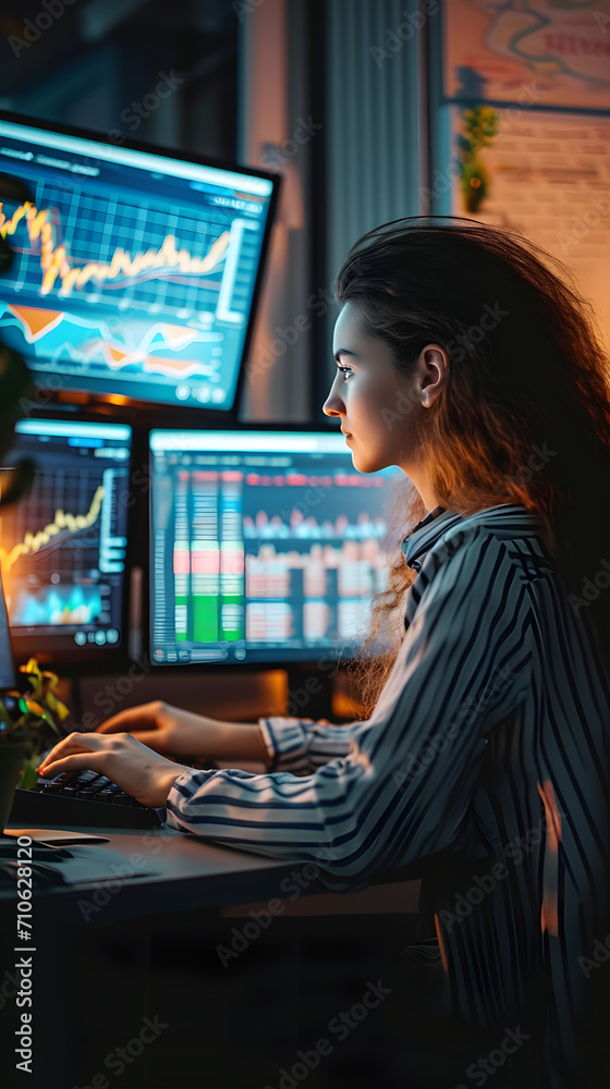 Young analyst woman working from home in front of displays showing market graphs, illustration Young analyst woman working from home in front of displays showing market graphs, illustration