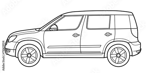 Classic luxury suv car. Crossover car front view shot. Outline doodle vector illustration. Design for print, coloring book	