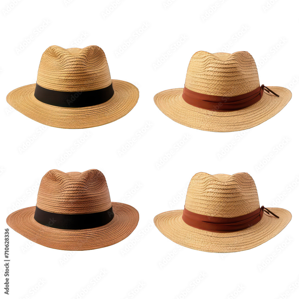 Straw sun hat isolated on a white background. Mens' or womens' fedora style straw hat with ribbon. transparent background
