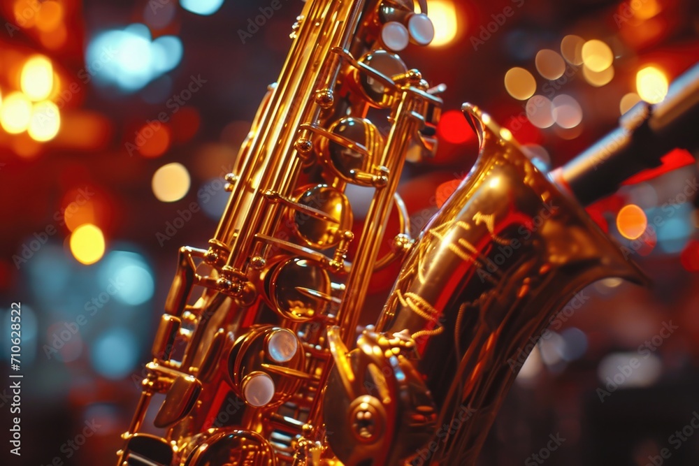 Close-up shot of a saxophone with vibrant lights in the background. Perfect for music-related designs and promotional materials