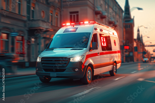 An ambulance driving down a city street at night. Suitable for medical, emergency, or urban scenes
