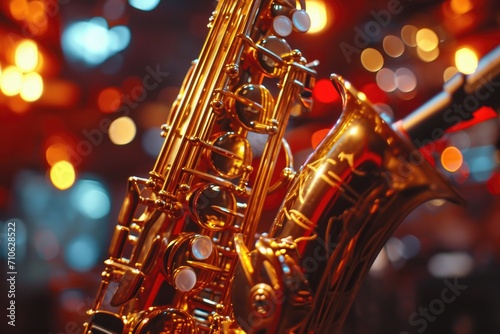 Close-up shot of a saxophone with vibrant lights in the background. Perfect for music-related designs and promotional materials