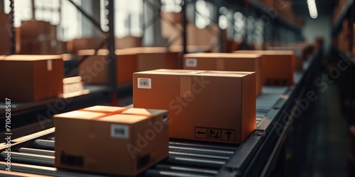 Boxes moving on a conveyor belt in a warehouse. Suitable for logistics, storage, and distribution concepts photo