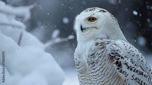 A majestic snowy owl with pure white feathers against a snowy background.