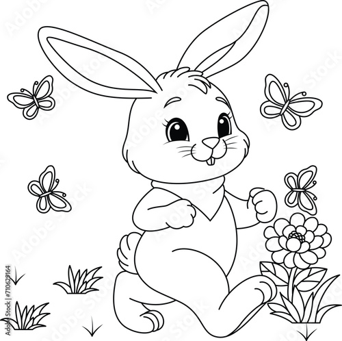 Happy bunny walking with buterflies background coloring page