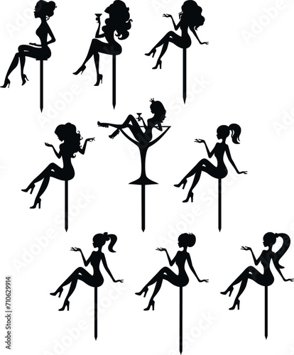 Wedding silhouettes, Silhouette of a girl, silhouette of a ballerina, cake topper layout for laser cutting. Silhouettes of people in different poses. photo
