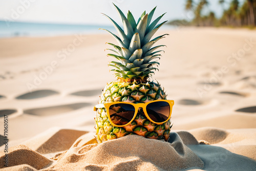Hipster pineapple with sunglasses on a sandy beach, concept of fashion in summer