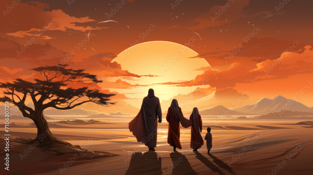 Happy Islamic family against the backdrop of a red sunset. Paradise. Happy Islamic family against the backdrop of a red sunset. Paradise.