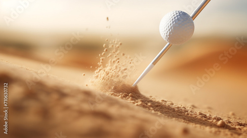 Golf ball hiting by golfer to explode from sand bunker