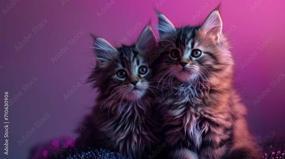 A pair of adorable kittens with fluffy tails against a deep purple background, showcasing their adorable bond.