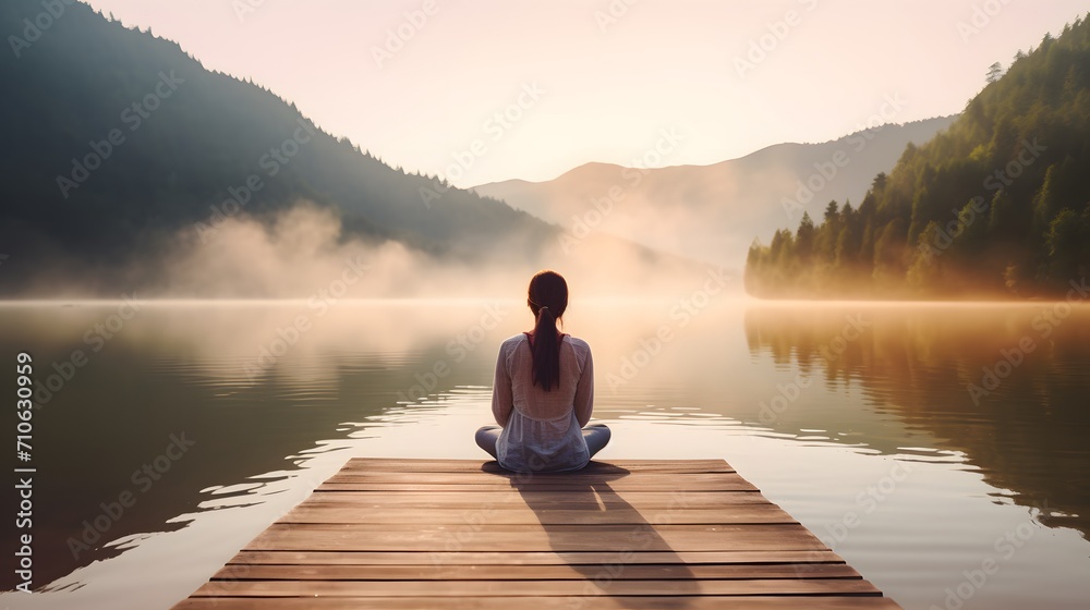 Calm morning meditation by the lake. Young woman outdoors on the pier. Wellbeing and wellness soul concept. Summer nature. Woman feeling freedom, enjoying vacation. No stress, calm mind, relax 
