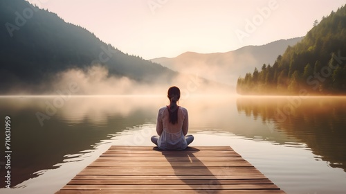 Calm morning meditation by the lake. Young woman outdoors on the pier. Wellbeing and wellness soul concept. Summer nature. Woman feeling freedom, enjoying vacation. No stress, calm mind, relax   © Ziyan Yang