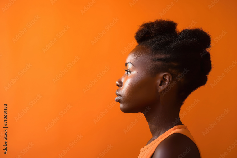 African woman profile studio portrait isolated on a bright orange background 