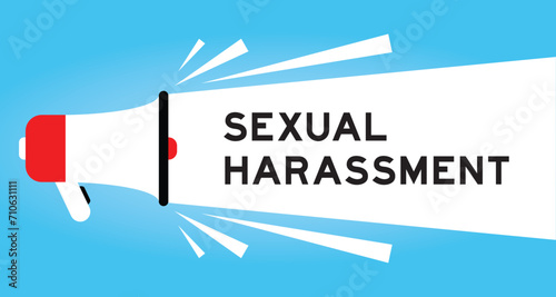 Color megaphone icon with word sexual harassment in white banner on blue background photo
