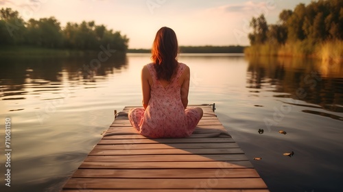 Calm morning meditation by the lake. Young woman outdoors on the pier. Wellbeing and wellness soul concept. Summer nature. Woman feeling freedom, enjoying vacation. No stress, calm mind, relax  