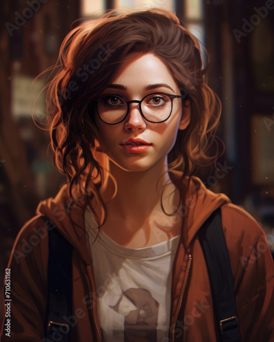 Illustration of a cute nerdy girl student with curly brown hair and glasses in cartoon style.  photo