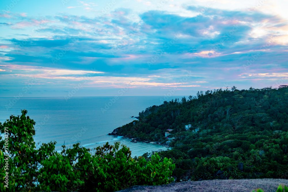 hiking mountain view on the ocean in a picturesque landscape in the Seychelles