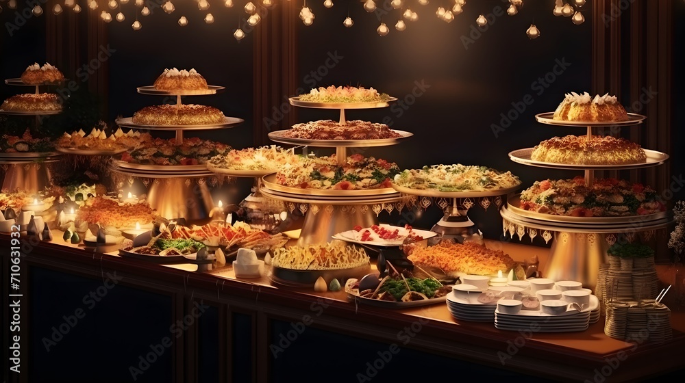 Catering wedding buffet for events. Wedding Reception Buffet Food. Buffet Table with dishware waiting for guests. 