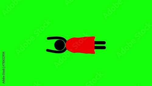 Animation of a flying hero in a red cape. Black stikman character with cape moving. Concept of brave superhero saving the world. Man with super powers on green screen background.