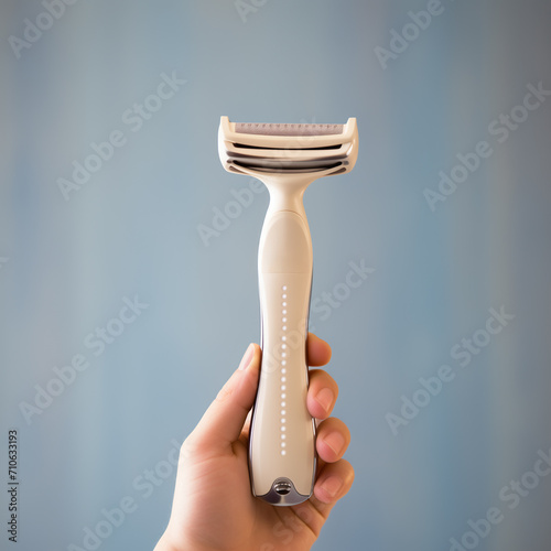 frau hält einen rasierer in der hand, körperpflege welness hygiene rasieren rasur achslen intimbereich mund geischt arme beine behaarung photo