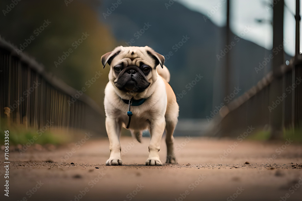 A small pug dog in a pine autumn forest on a walk. mops.