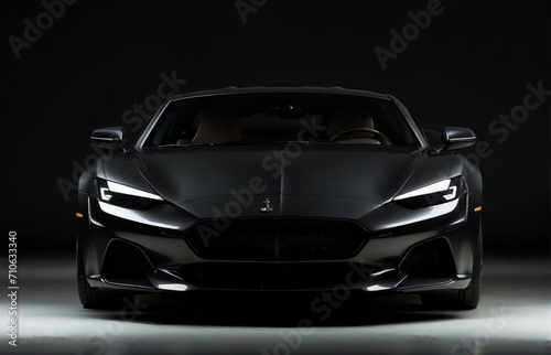 Luxury expensive car parked on dark background. Sport and modern luxury design gray car. Shiny clean lines and detailed front view of modern automotive. Automotive advertising banner © Maftuh
