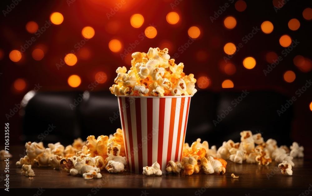 Popcorn bucket on the table in a dark cinema hall with empty seats Popcorn bucket on the table in a dark cinema hall with empty seats