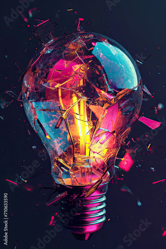 Broken lightbulb with exploded pieces in colorful artistic style 