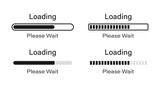Loading bar point with outline icon set in black color. Loading please wait symbol icon set in four different styles. Loading 70% please wait symbol icon set isolated on white background.