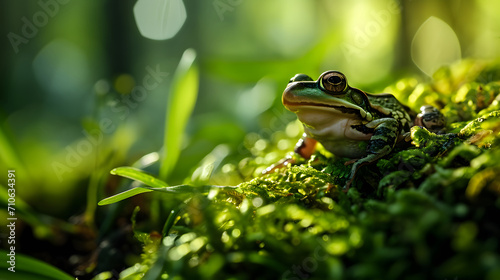 Green Frog Perched on Moss in Sunlit Forest