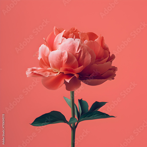 Beautiful coral peony flowers, solid color background, closeup