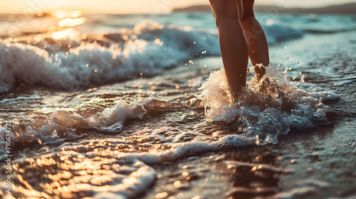 Sunset Beach Stroll: Close-up of Legs Walking Through Foamy Seashore Waves © HappyKris