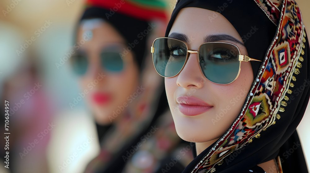 Elegant Women in Traditional Emirati Attire with Sunglasses