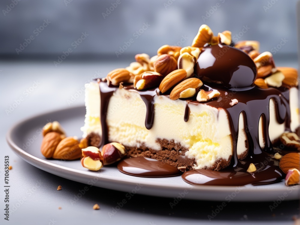 Chocolate brownies, choco cake with vanilla ice cream and nuts on plate. romantic Sweet sugary dessert close up Chocolate brownies, choco cake with vanilla ice cream and nuts on plate. romantic Sweet sugary dessert close up