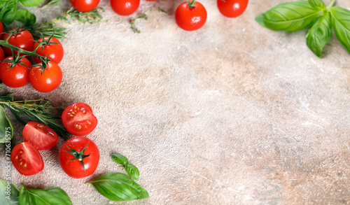 food background with cherry tomatoes and fresh basil