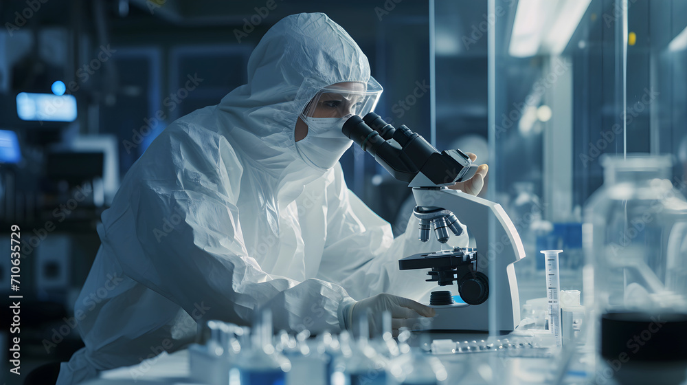 Researcher in a protective mask working in a laboratory of a medical research institute. Creation of innovative medicines and vaccines. Close-up. Researcher in a protective mask working in a laboratory of a medical research institute. Creation of innovative medicines and vaccines. Close-up.