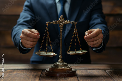 Lawyer in office with brass scale on wooden table justice and law concept