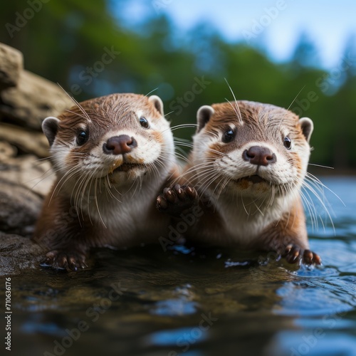 Photo of a pair of playful otters holding hands. Generative AI