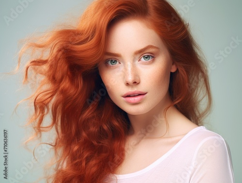 advertising skin care, beautiful woman model, vibrant red hair, in the style of beauty