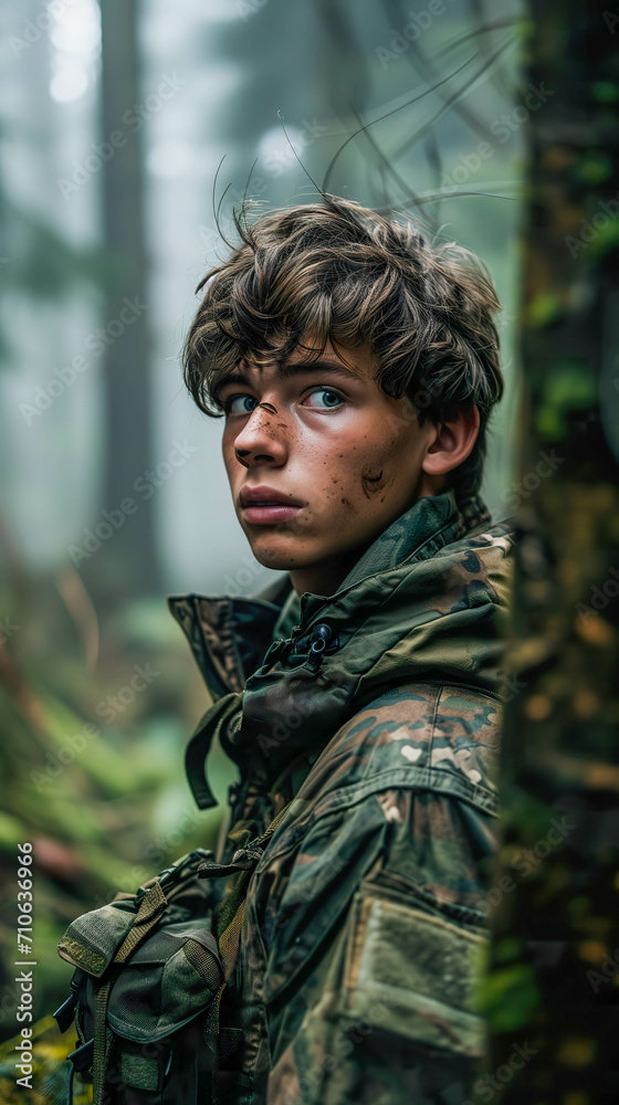 Obraz premium Young Soldier in Military Uniform, Emotionless Forest Stare