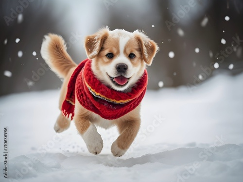 Joyful Puppy in Red Scarf Revels in Gentle Winter Snowfall