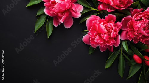 Floral banner. Bouquet of pink peonies on a black background