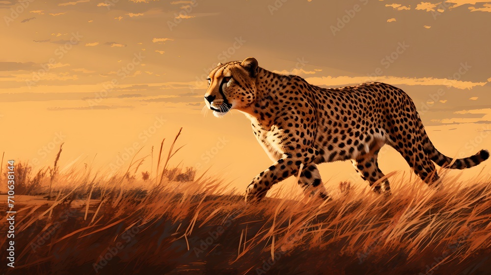 Cheetah stalking fro prey on savanna, digital art - obrazy, fototapety, plakaty 