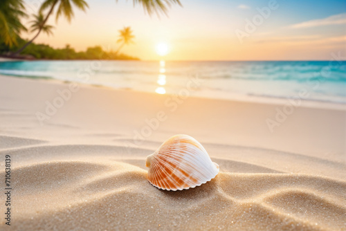 Sand beach with shell, blurred of tropical beach with palm tree calm sea and sky, summer vacation background concept