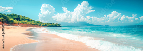 A photorealistic image of a tropical beach with turquoise waters, soft white sand, and lush palm trees swaying in the gentle breeze. The sky is a clear blue, with a few fluffy white clouds