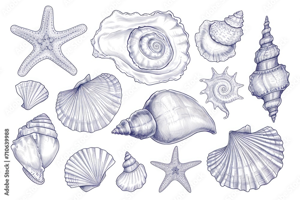 A collection of sea shells and starfishs. Perfect for beach-themed decorations and crafts A collection of sea shells and starfishs. Perfect for beach-themed decorations and crafts