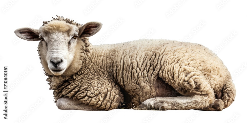 Fototapeta premium A sheep peacefully lying down on a clean white surface. Ideal for showcasing tranquility and simplicity