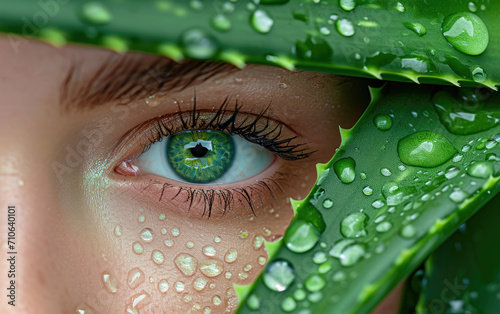 Young beautiful womans face behind aloe vera plant with water drops