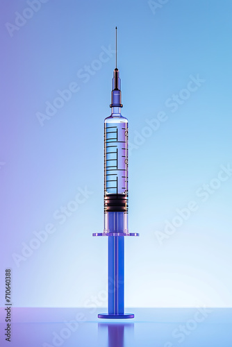 Syringe, top view, side view, blue and white gradient, solid background