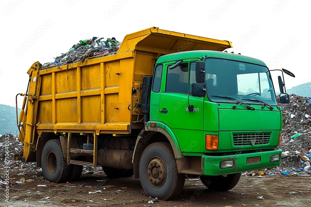 Waste management scene Garbage trucks unload into disposal containers, isolated
